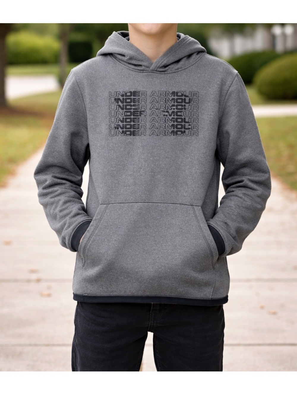 Under Armour Youth Medium Heather Gray Pullover Hoodie with Repeat Logo